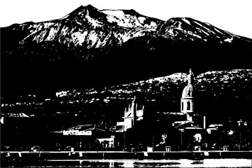 Vettoriale vulcano Etna innevato, con il paese di Riposto e il suo porto in primo piano © AntoMes