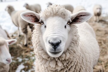 Fototapeta premium Close-up of a fluffy sheep. Perfect for themes of agriculture, nature, or farm animals.