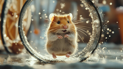 A hamster running on a wheel in a joyful, playful moment while its owner watches with amusement.