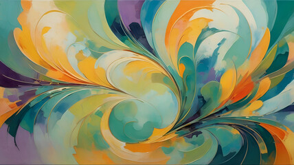 abstract painting with vibrant color palette of yellow, orange, green, purple, and white. can be use Interior design Wall art, Graphic design: Website backgrounds, social media graphics, brochures 