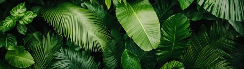 A vibrant collection of lush green leaves, showcasing various shapes and textures, creating a tropical and natural atmosphere.