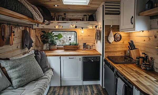 Cozy van interior with kitchen and seating area.