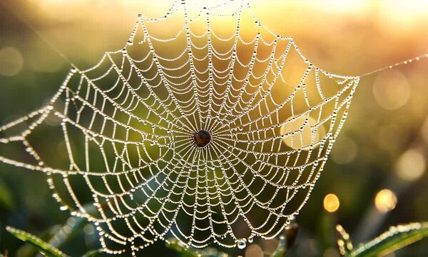 Dew-covered spider web glistening in sunlight.