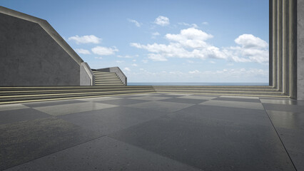 Empty concrete floor and gray wall. 3d rendering of modern building with blue sky and sea background.