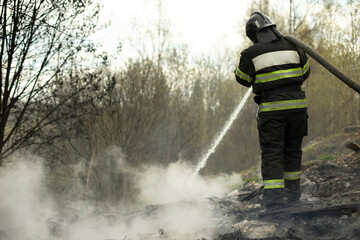 Firefighter puts out fire in woods. Lifeguard pours water.