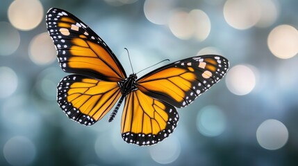 Fototapeta premium An orange and black butterfly gracefully flies through a brightly lit office space with glass walls, showcasing elegance and beauty