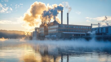 Fototapeta premium Majestic sunrise over an industrial landscape with smoky chimneys reflecting in calm waters