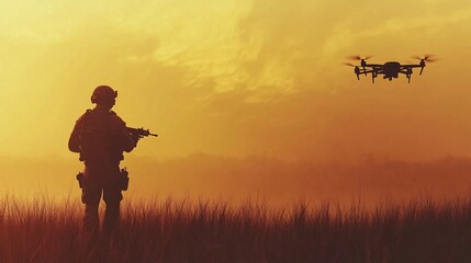 Soldier operating surveillance drones at sunset during a mission with dramatic sky backdrop.