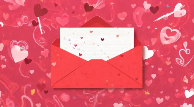 red envelope with blank white note paper surrounded by love icons background