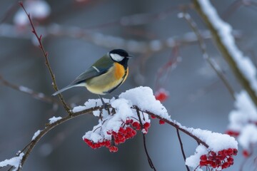 Great tit perched on snowy branch with red berries in winter