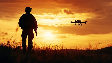 Soldier operating surveillance drones at sunset during a mission with dramatic sky backdrop.