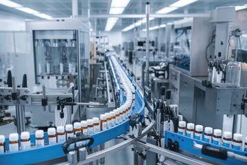 Modern pharmaceutical production line conveying amber glass bottles in a sterile factory setting