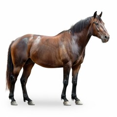 Obraz premium Studio shot of a majestic brown horse with dark mane and tail, isolated on white