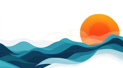 Abstract waves in blue hues flow beneath a vibrant orange sun on a white background, AI