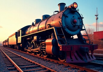 Naklejka premium Vintage steam locomotive parked on railway tracks at sunset in a rural setting