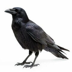Fototapeta premium Studio shot of large black common raven standing on seamless white background