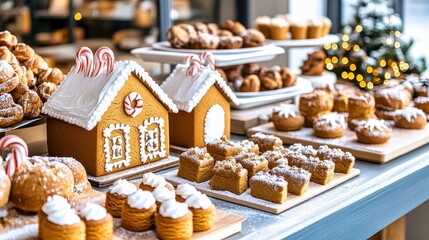 Fototapeta premium Delightful holiday bake sale showcasing festive gingerbread houses and assorted pastries at a cozy winter market