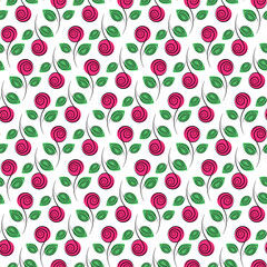 Stylized rose Seamless Pattern in trendy bright pink and green. Springtime floral background texture