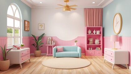 Minimalist living room interior with pink and blue color scheme, featuring a light blue sofa, wooden floor, and pink walls.