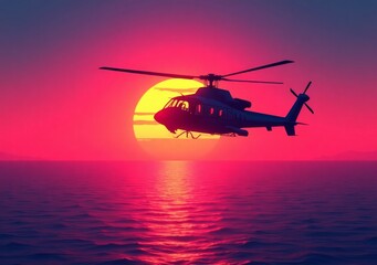 Helicopter flying over ocean during vibrant sunset with colorful sky and tranquil waters