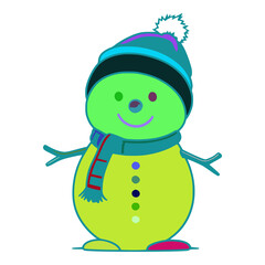 An snowman is wearing a blue and purple hat with a pom pom on the tip. He has a blue scarf around his neck with a red and blue stripe. He also has a smile on his face. He is standing with his arms out