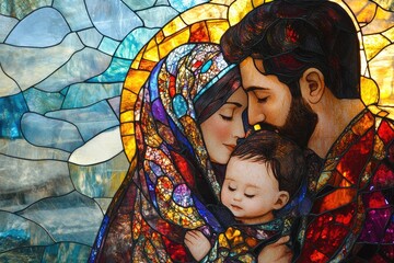 Holy family embracing in stained glass window, depicting love and unity © Lubos Chlubny