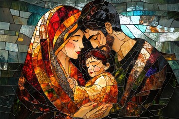Holy family embracing in stained glass window, depicting love and faith