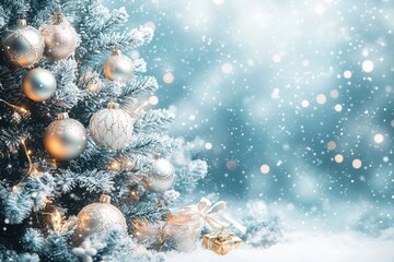 Obraz premium Christmas tree decorated with elegant balls and gifts is covered by snow