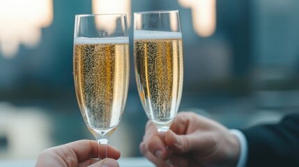 Friends celebrating with champagne flutes at rooftop new year's eve party
