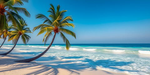 Obraz premium Beautiful beach with palm trees and turquoise sea, waves splashing on sandy beach coast. Tropical landscape, paradise island. Sunny summer vacation, exotic serene tranquil peaceful nature. Ai gen