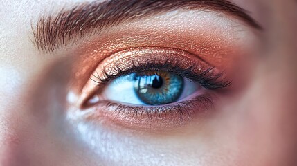 Stunning close-up of a captivating eye adorned with shimmering bronze eyeshadow showcasing the beauty of makeup artistry and vibrant colors