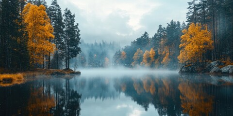 Fototapeta premium Autumn forest reflecting in a calm lake covered by fog