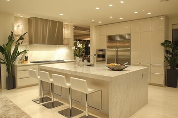 Modern beige kitchen boasting island and recessed lighting illuminating the room