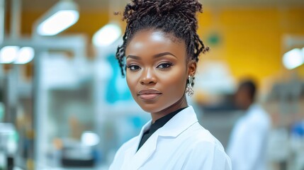 Obraz premium Young scientist in a lab coat showcases determination and passion for discovery in a modern laboratory setting