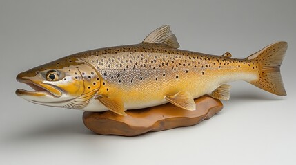 Obraz premium Detailed brown trout fish model on wooden base.