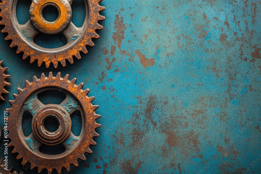 Leinwandbilder Rusty gears resting on a weathered metallic surface with copy space