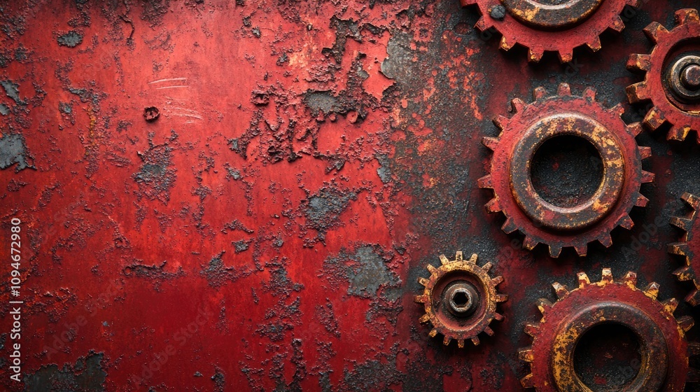 Aufkleber rusty gears lying on red metal surface with peeling paint creating industrial background