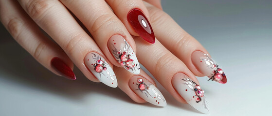 A luxurious nail art design on a woman's hand features intricate patterns, crystals, and a color gradient from white to red, against a white background.