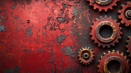 Rusty gears lying on red metal surface with peeling paint creating industrial background