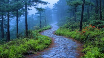 Obraz premium Winding stone path through misty forest in the morning