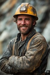 Fototapeta premium Coal miner smiling with crossed arms in a coal mine
