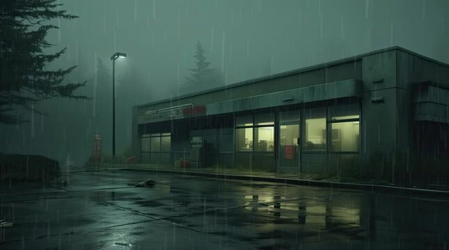 A view of a building during heavy rain at night. 4K animated video