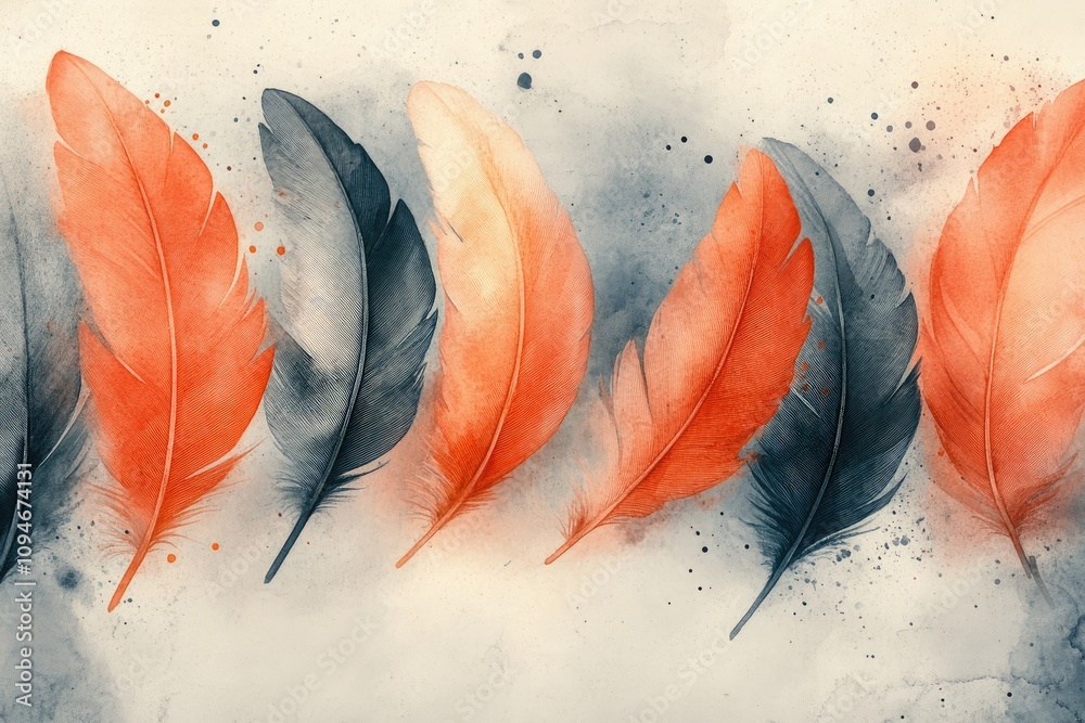 Poster Orange and gray feathers creating a watercolor pattern