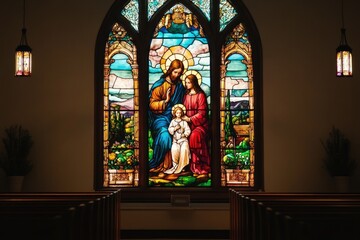Obraz premium Holy family stained glass window illuminating church interior