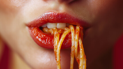 Close up of woman mouth with spaghetti and sauce, playful expression
