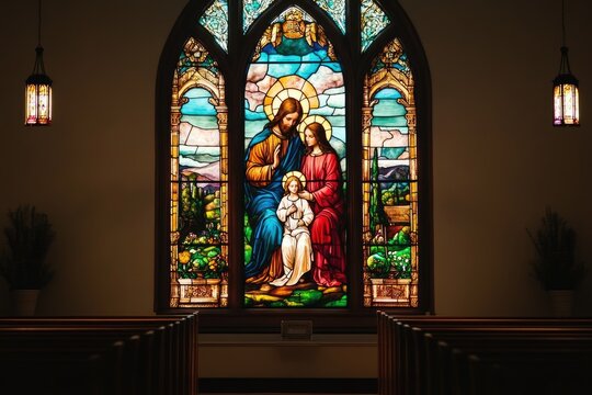 Holy family stained glass window illuminating church interior