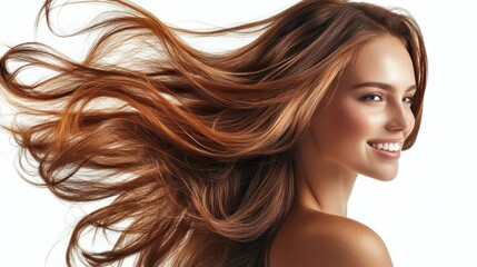 Fototapeta premium Beautiful model girl with Brown hair strand,silky healthy chestnut wavy hair strand isolated on white background,hair wavy ribbon, with smooth texture,vibrant shine,brunette hairpiece, hairy ribbon.