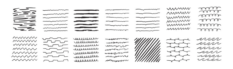 Lines by pen Hand drawn black Doodle strokes, underlines by pencil. Brush scribbles, frames, borders, design elements.