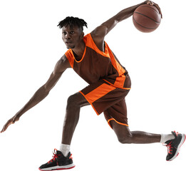 Professional sport. One young african man, basketball player training, practicing against...