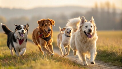 Canines of various forms dash together their fur gleaming under the sunlight capturing the spirit of unity and freedom.